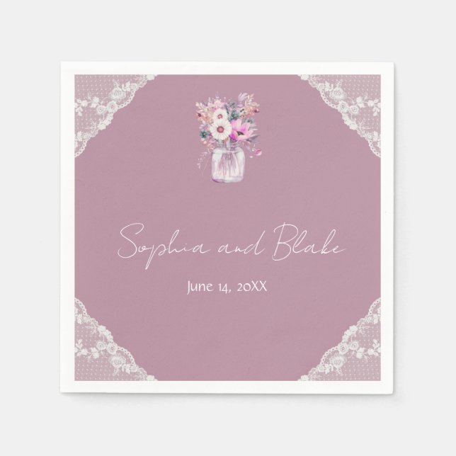 Country Lace Mason Jar Pink Wedding Napkin (Front)