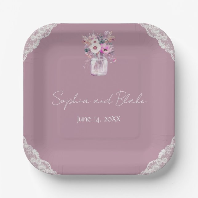 Country Lace Mason Jar Pink Wedding Paper Plate (Front)