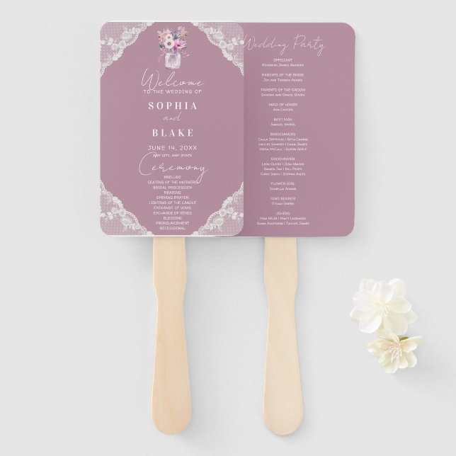Country Lace Mason Jar Pink Wedding Program Hand Fan (Front and Back)