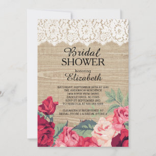 Country Lace Roses Wood Bridal Shower Invitation