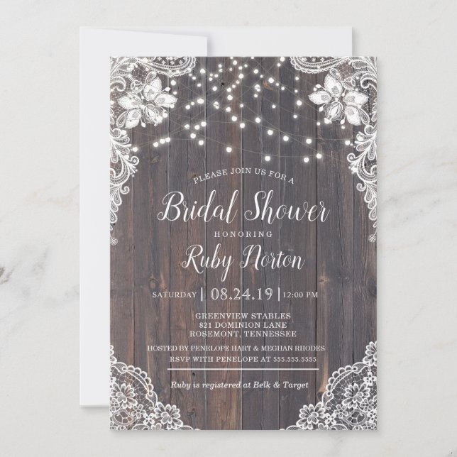 Country Lace & String Lights Chic Bridal Shower Invitation (Front)