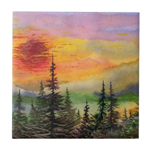 Country landscape misty setting sun ceramic tile. tile