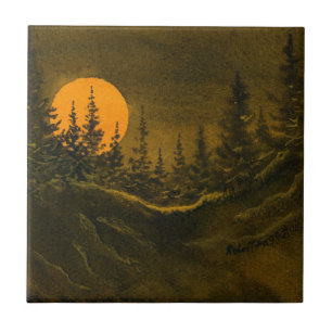 Country landscape nocturnal moon and pines tile. ceramic tile