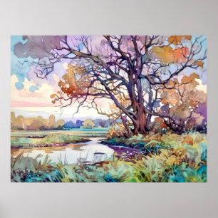 Country Landscape Watercolor Poster