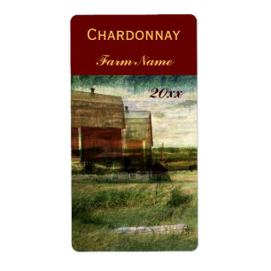 Country landscape with red barns wine bottle label