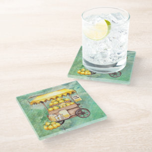 Country Lemon Cart Watercolor Glass Coaster