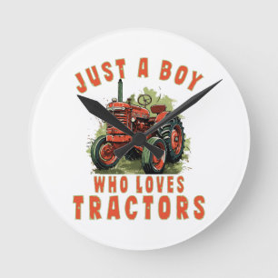 Country Life Boy who loves tractors Round Clock