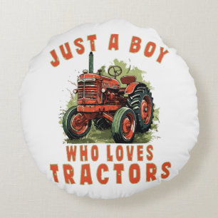 Country Life Boy who loves tractors Round Cushion