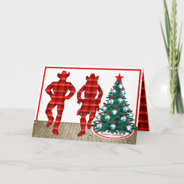 Country Line  Dancers  With Red Plaid Christmas Card (Front)