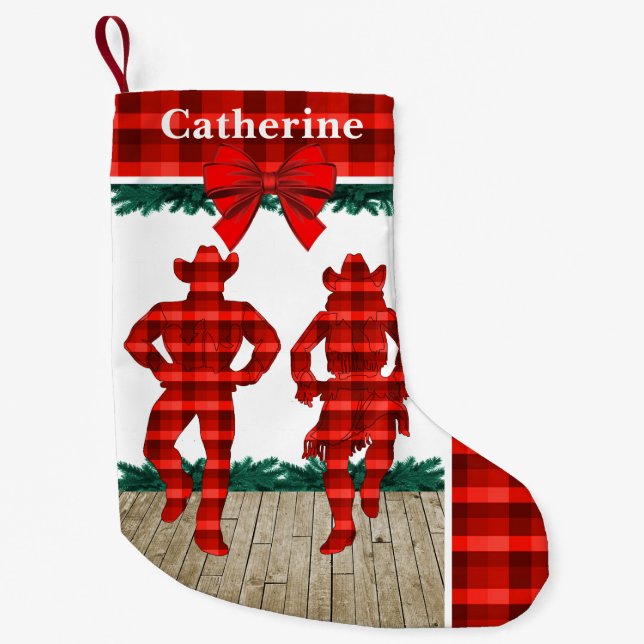 Country Line  Dancers  With Red Plaid Small Christmas Stocking (Front)