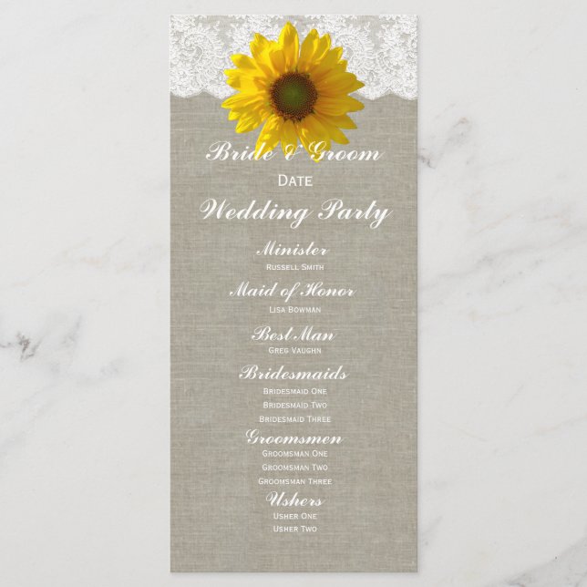 Country Linen Sunflower Lace Wedding Program (Front)
