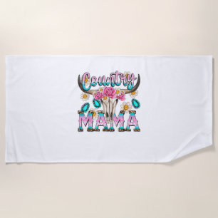 Country Mama Retro Groovy Cow Skull Country Rodeo Beach Towel