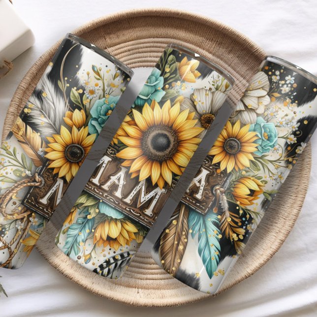 country Mama Sunflower cow print glitter Thermal Tumbler (Creator Uploaded)