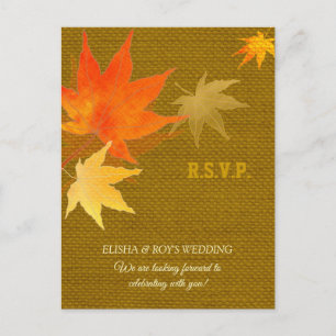 Country Maple Leaf Burlap Wedding RSVP Invitation Postcard