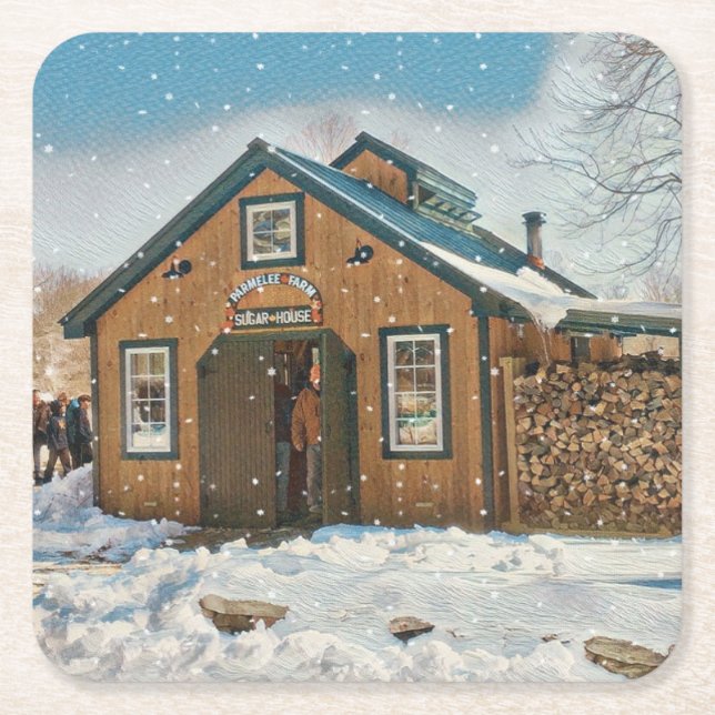 Country Maple Sugar House Square Paper Coaster (Front)