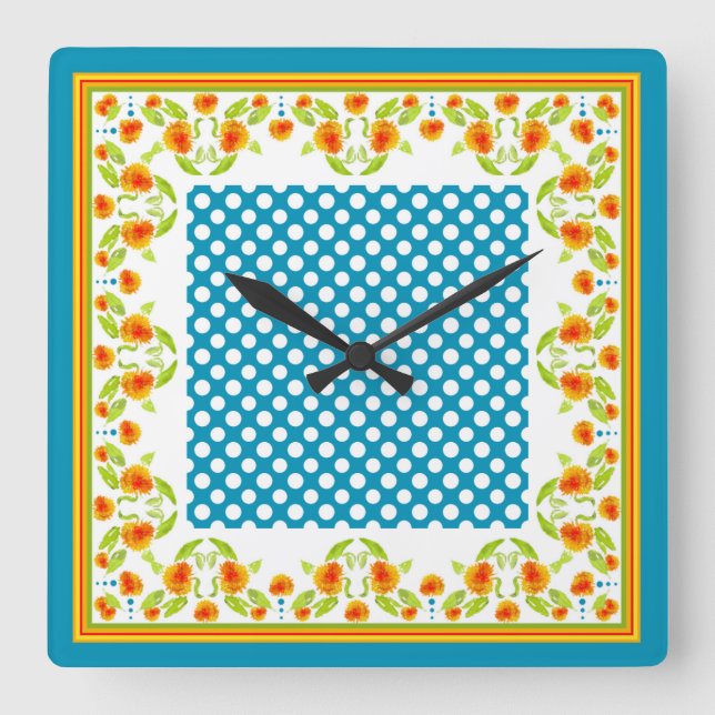 Country Marigolds Border and Polka Dots Wall Clock (Front)
