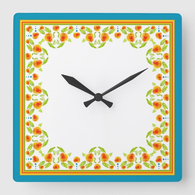 Country Marigolds Border Square Wall Clock (Front)
