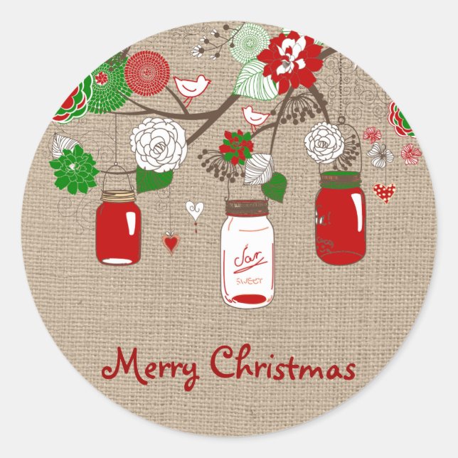 Country Mason Jar Christmas Sticker on faux Burlap (Front)