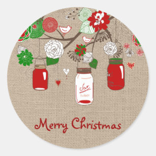 Country Mason Jar Christmas Sticker on faux Burlap