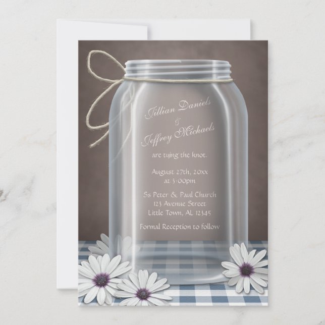 Country Mason Jar Daisy Blue Brown Wedding Invitation (Front)
