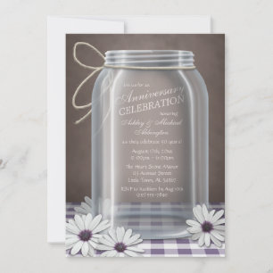 Country Mason Jar Purple Gingham Anniversary Invitation