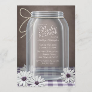 Country Mason Jar Purple Gingham Baby Shower Invitation