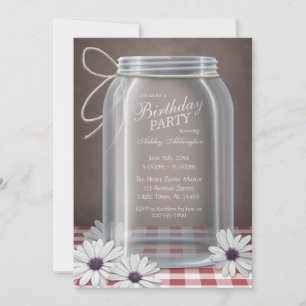 Country Mason Jar Red Gingham Birthday Party Invitation