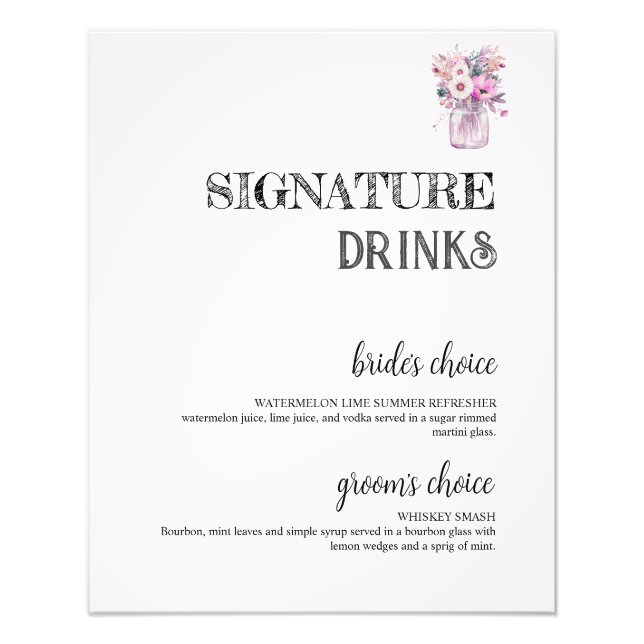 Country Mason Jar Signature Drinks Wedding Bar Photo Print (Front)