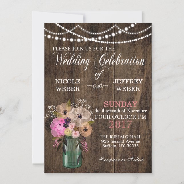 Country Mason Jar Wood Flower Wedding Invitation (Front)
