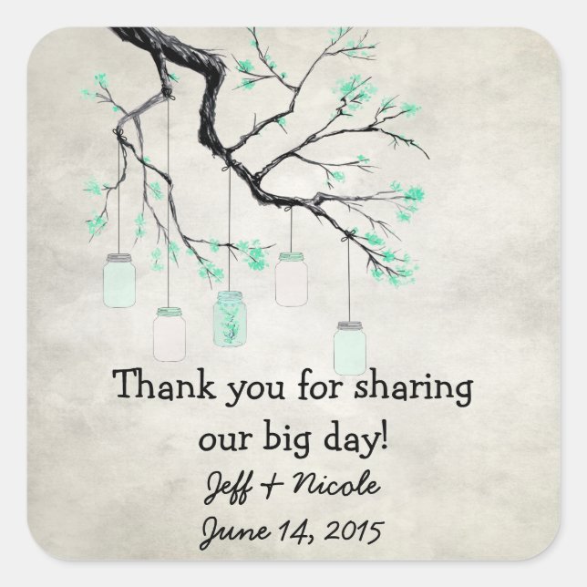 Country Mason Jars in Seafoam Green Wedding Square Sticker (Front)