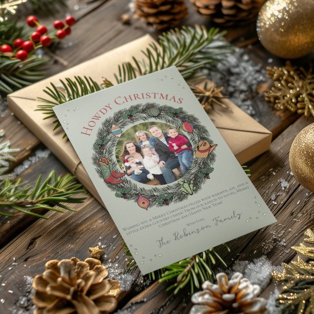 Country Merry Christmas Family Xmas Holiday Card (Country Christmas Card Featuring Hand-Drawn Wreath, Vintage Ornaments, Cowboy Boots, Hat and Holly.)