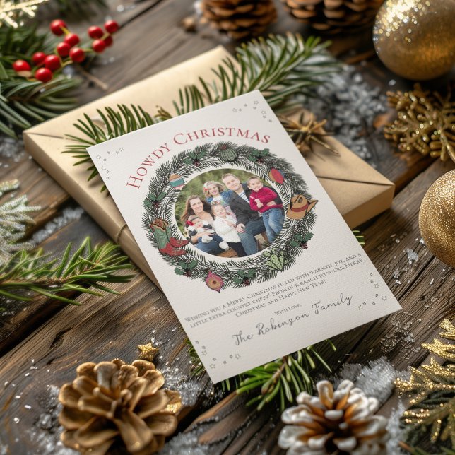 Country Merry Christmas Family Xmas Holiday Card (Country Christmas Card Featuring Hand-Drawn Wreath, Vintage Ornaments, Cowboy Boots, Hat and Holly.)
