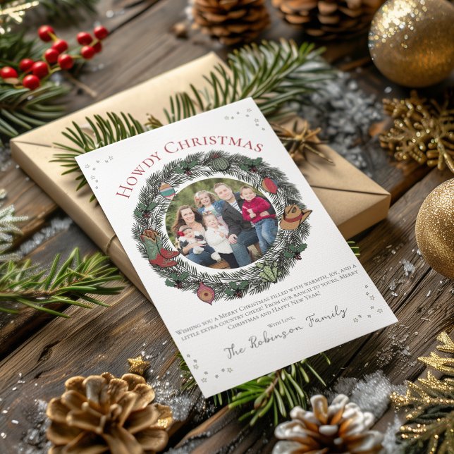 Country Merry Christmas Family Xmas Holiday Card (Country Christmas Card Featuring Hand-Drawn Wreath, Vintage Ornaments, Cowboy Boots, Hat and Holly.)