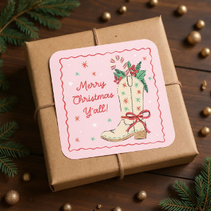 Country Merry Christmas Y'all Cowboy Boot Square Sticker