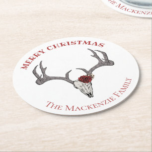 Country Merry Xmas Deer Reindeer Skull Antlers Round Paper Coaster