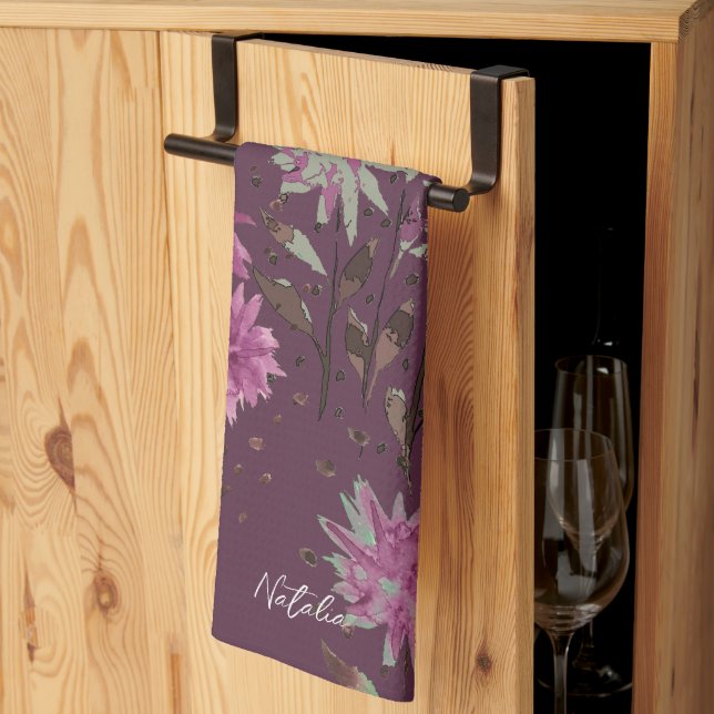 Country Modern Purple Floral Monogrammed Tea Towel (Thirds Fold)