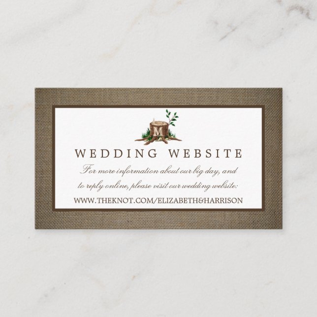 Country Monogram Tree & Burlap Wedding Website Enclosure Card (Front)