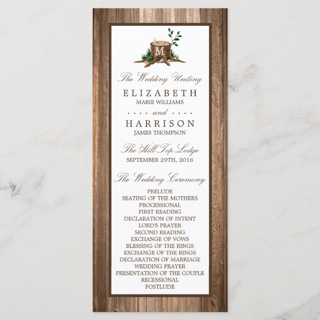 Country Monogram Tree & Wood Wedding Program (Front)