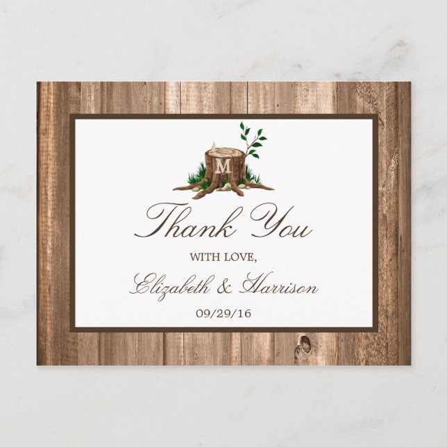 Country Monogram Tree & Wood Wedding Thank You Postcard (Front)
