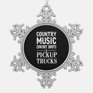 Country Music, Cowboy Boots & Pickup Trucks Snowflake Pewter Christmas Ornament