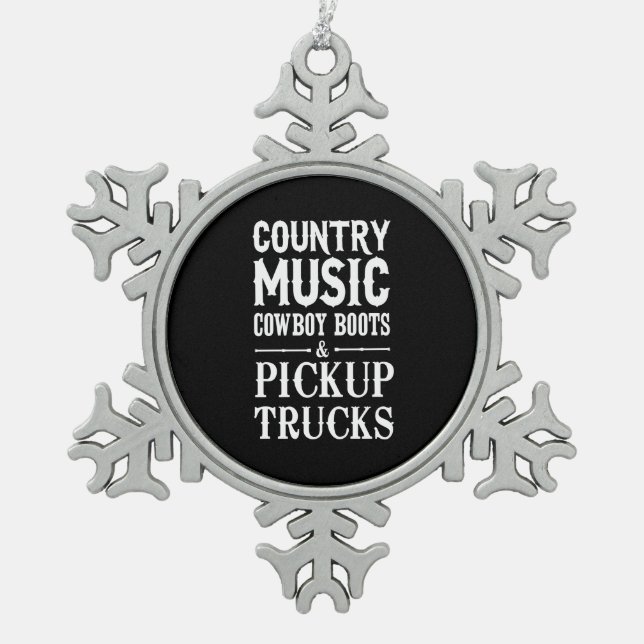 Country Music, Cowboy Boots & Pickup Trucks Snowflake Pewter Christmas Ornament (Front)