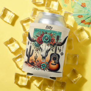 Country Music guitar cow skull desert cactus Can Cooler