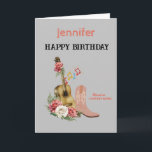 Country Music Happy Birthday card. Editable Card<br><div class="desc">Just the thing for anyone into country music with acoustic guitar,  music notes and cowboy boots graphic and easy to customise with personal names and messages for that extra special touch at no extra cost.</div>