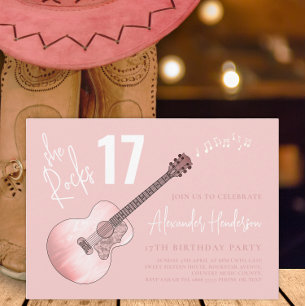 Country Music Pink Guitar 17th Birthday Party Invitation