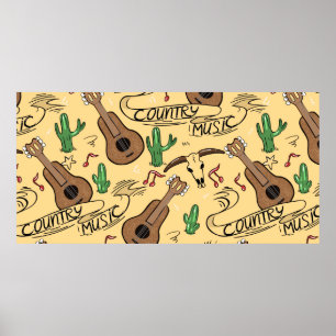 Country music seamless pattern with guitars, cacti poster