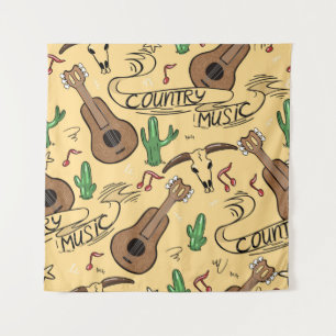 Country music seamless pattern with guitars, cacti tapestry