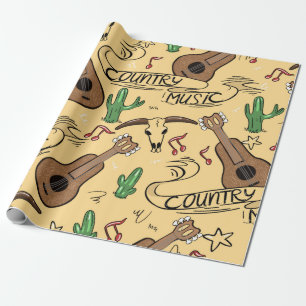 Country music seamless pattern with guitars, cacti wrapping paper
