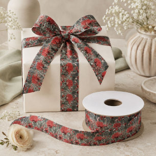 country nature landscape red poppy flower satin ribbon