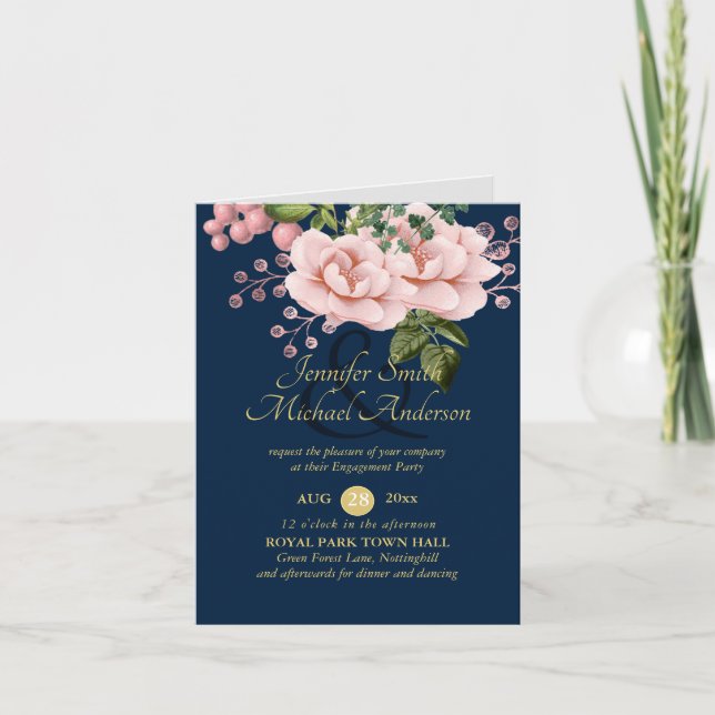 Country Navy Blue Blush Pink Roses Gold ENGAGEMENT Note Card (Front)