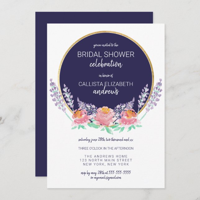 Country Navy Pink Lilac Wild Flower Bridal Shower Invitation (Front/Back)